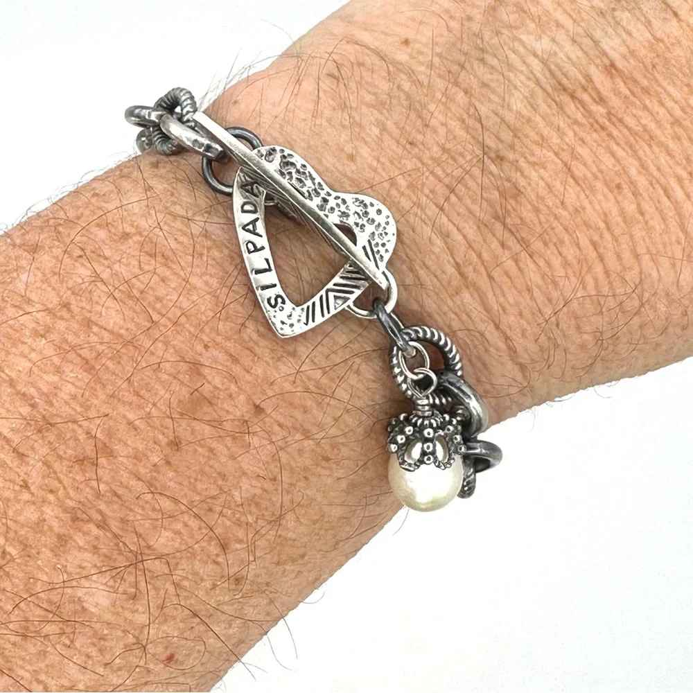 Silpada RETIRED B1241 Rare Pearl Silver Charm Bracelet w/ Heart Toggle